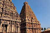 The great Chola temples of Tamil Nadu - The Brihadishwara Temple of Thanjavur. The tower with the auxiliary Subrahmanya shrine in the foreground.